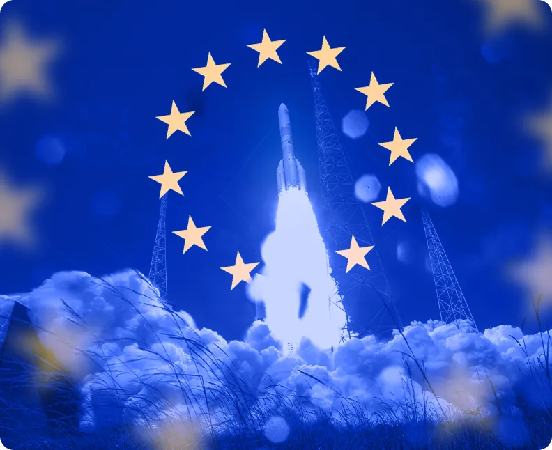 Lancement de fusée entouré des étoiles du drapeau européen sur fond bleu.