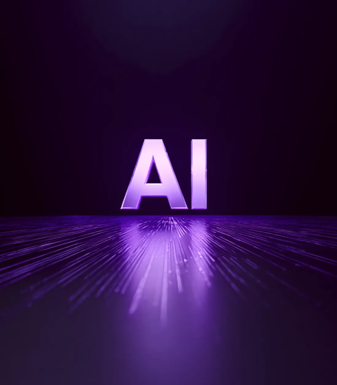 The letters "AI" rendered in a glowing purple 3D font standing on a reflective dark surface with light streaks.