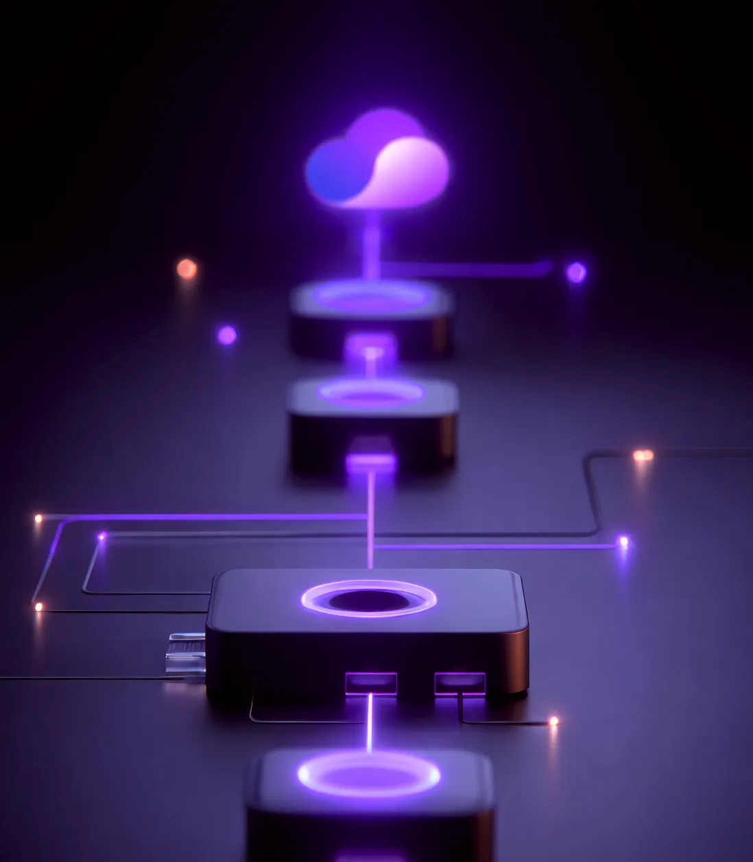 A sequence of dark hardware modules on a surface connected by glowing purple light paths leading to a floating cloud logo.