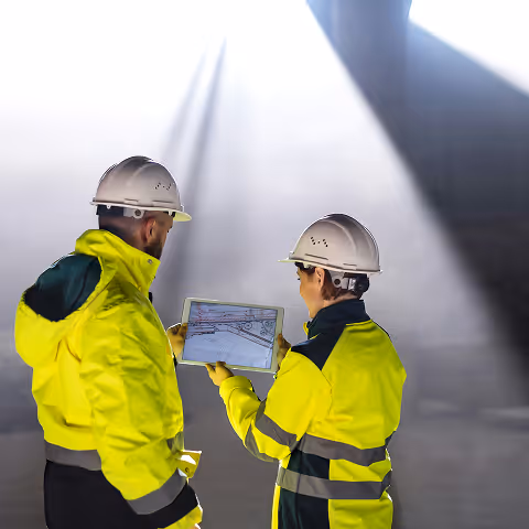Two construction workers in yellow safety jackets and white helmets reviewing plans on a tablet in a dimly lit space.