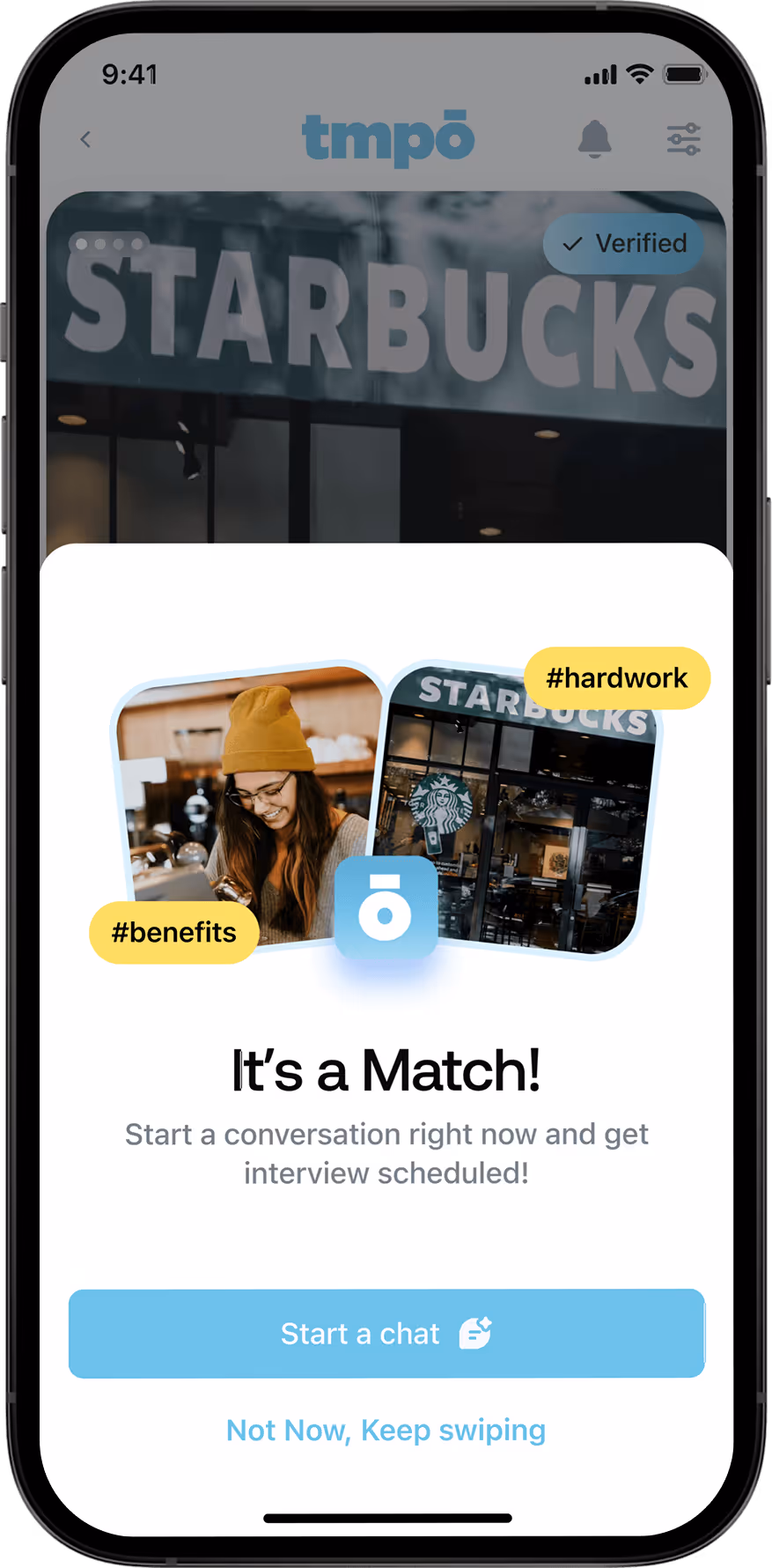 Mobile screen showing a match notification between a candidate and Starbucks with options to start a chat or keep swiping.