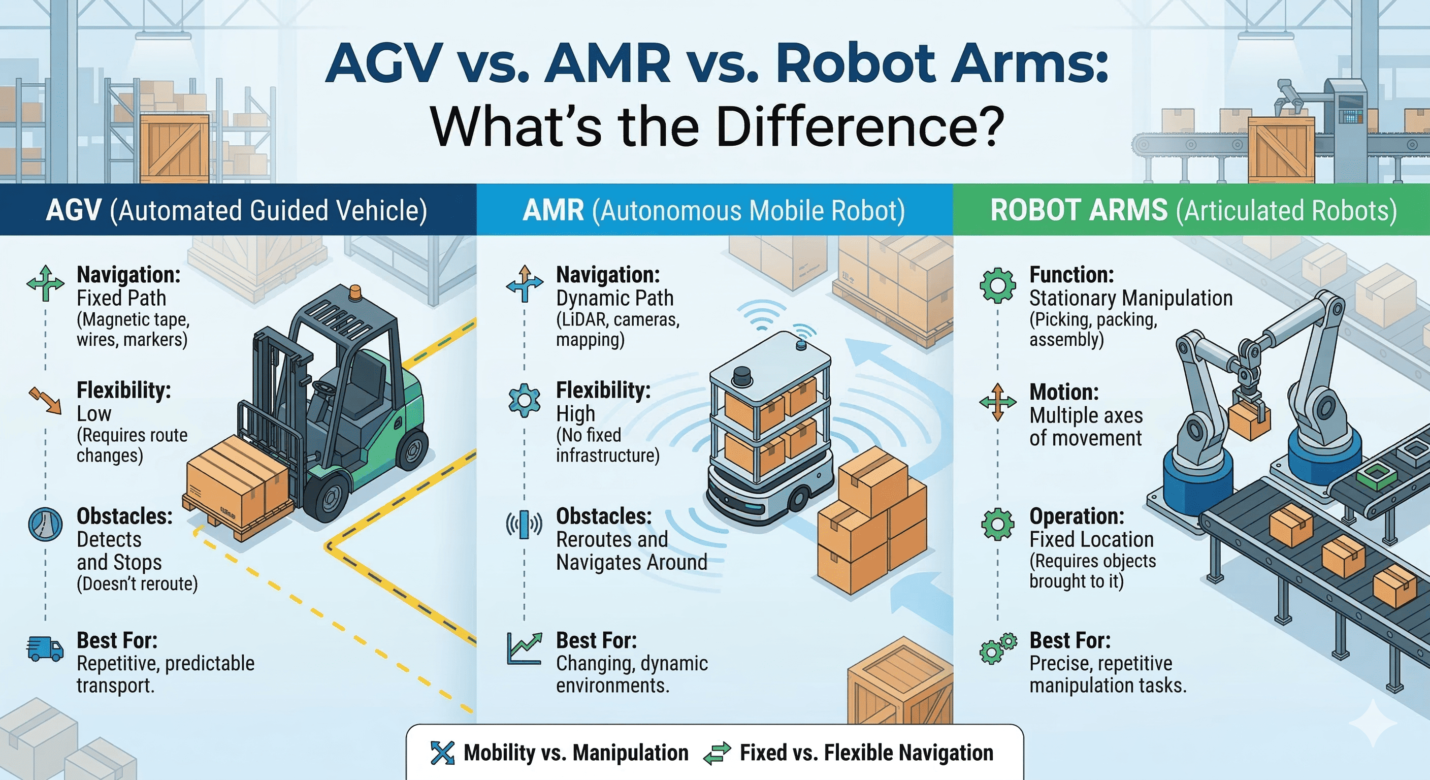 AGV vs AMR vs Robot Arms: What’s the Difference?