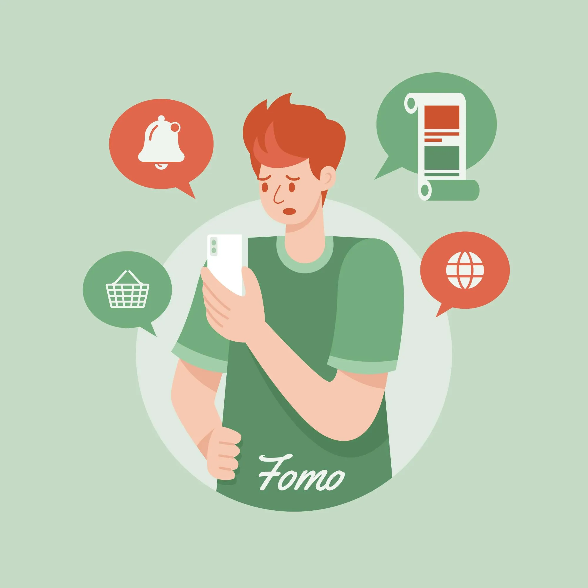Illustration of a worried young person holding a phone with speech bubbles showing icons of a bell, shopping basket, scroll, and globe, labeled Fomo.