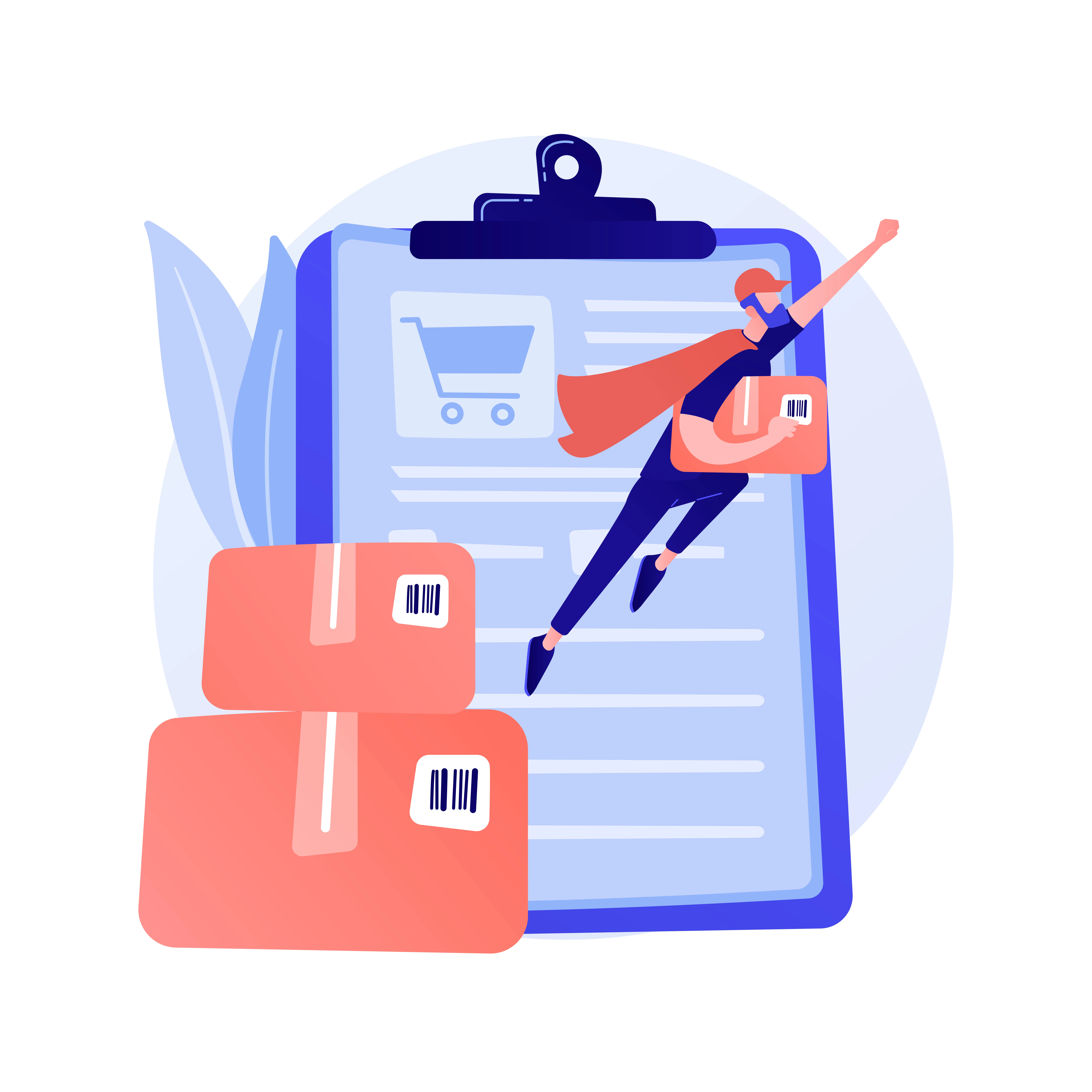 Illustration of a person wearing a red cape flying with a package in hand next to stacked boxes and a clipboard with a shopping cart icon.
