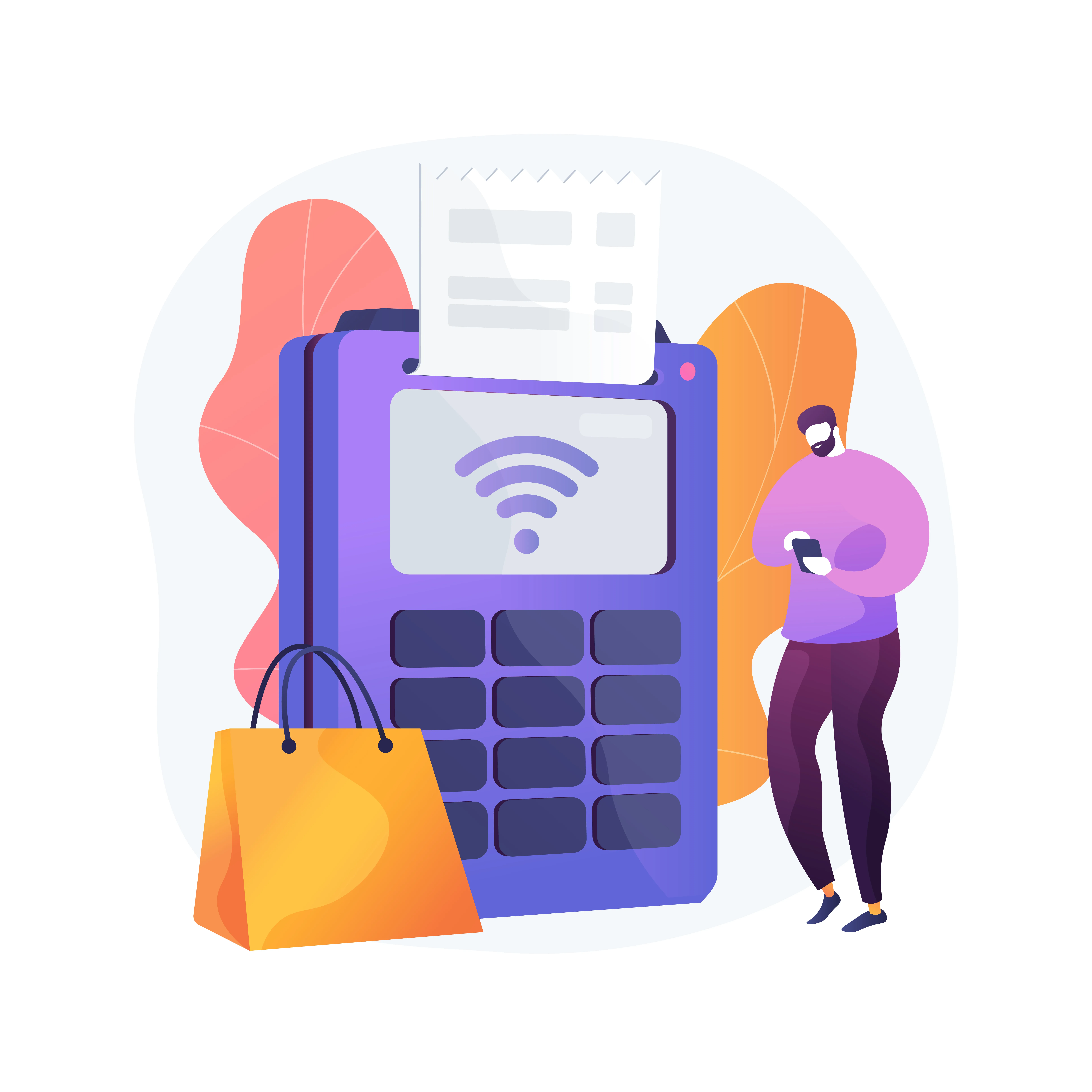 Illustration of a person using a smartphone beside a large wireless payment terminal with a printed receipt and a shopping bag.