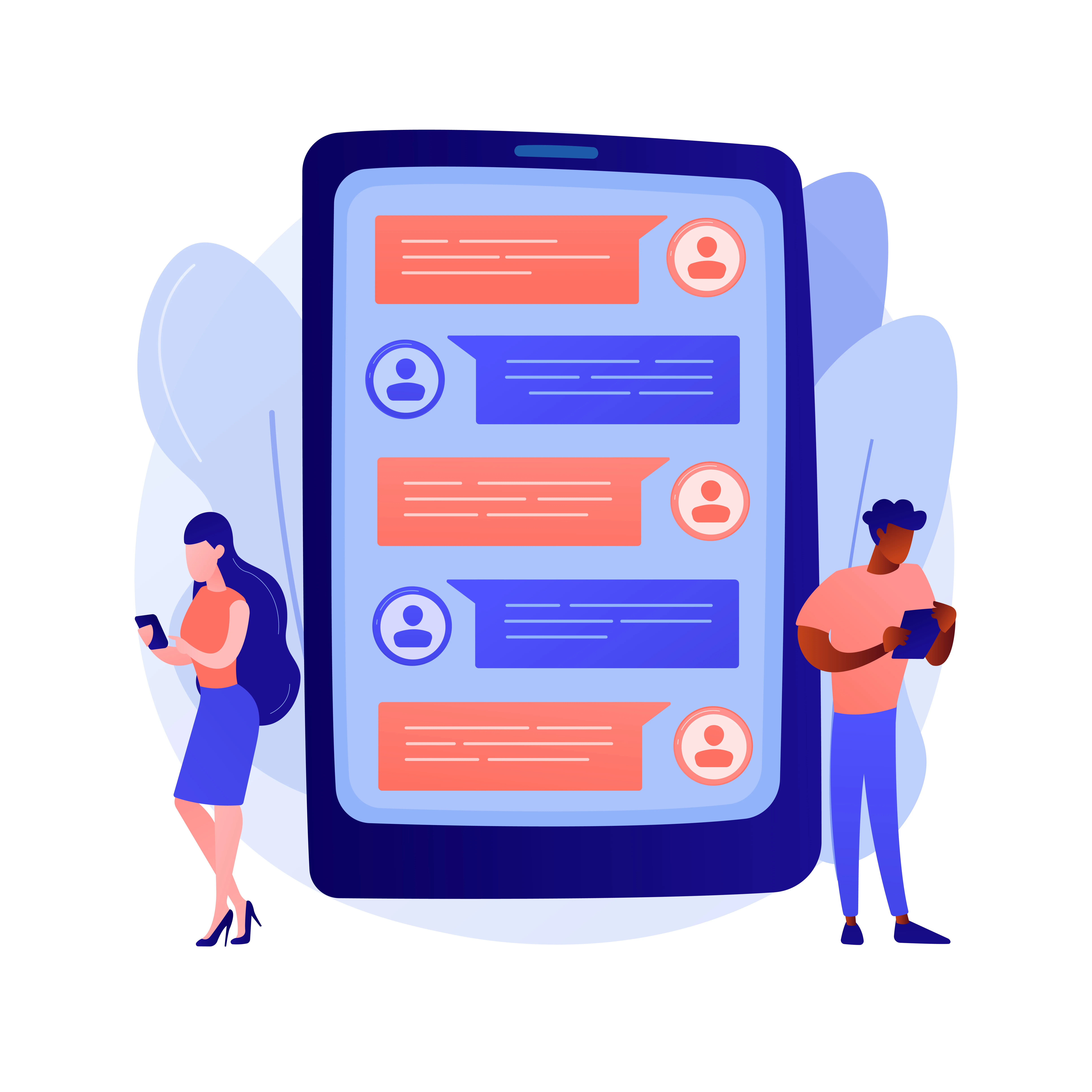 Illustration of a woman and a man standing on either side of a large tablet displaying a chat conversation with alternating red and blue text bubbles.