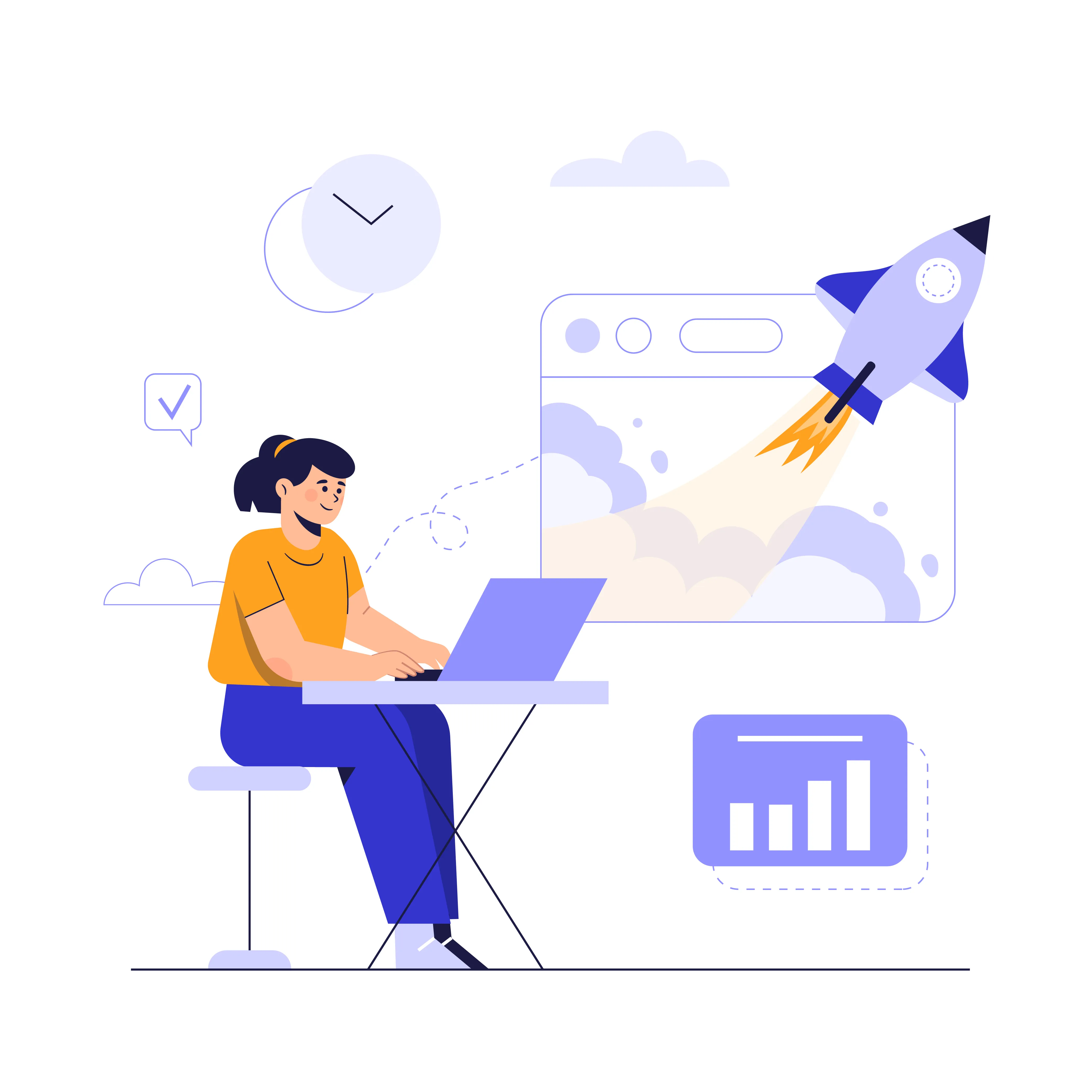 Woman sitting at a desk working on a laptop with a rocket launching from a browser window and a bar chart icon nearby.