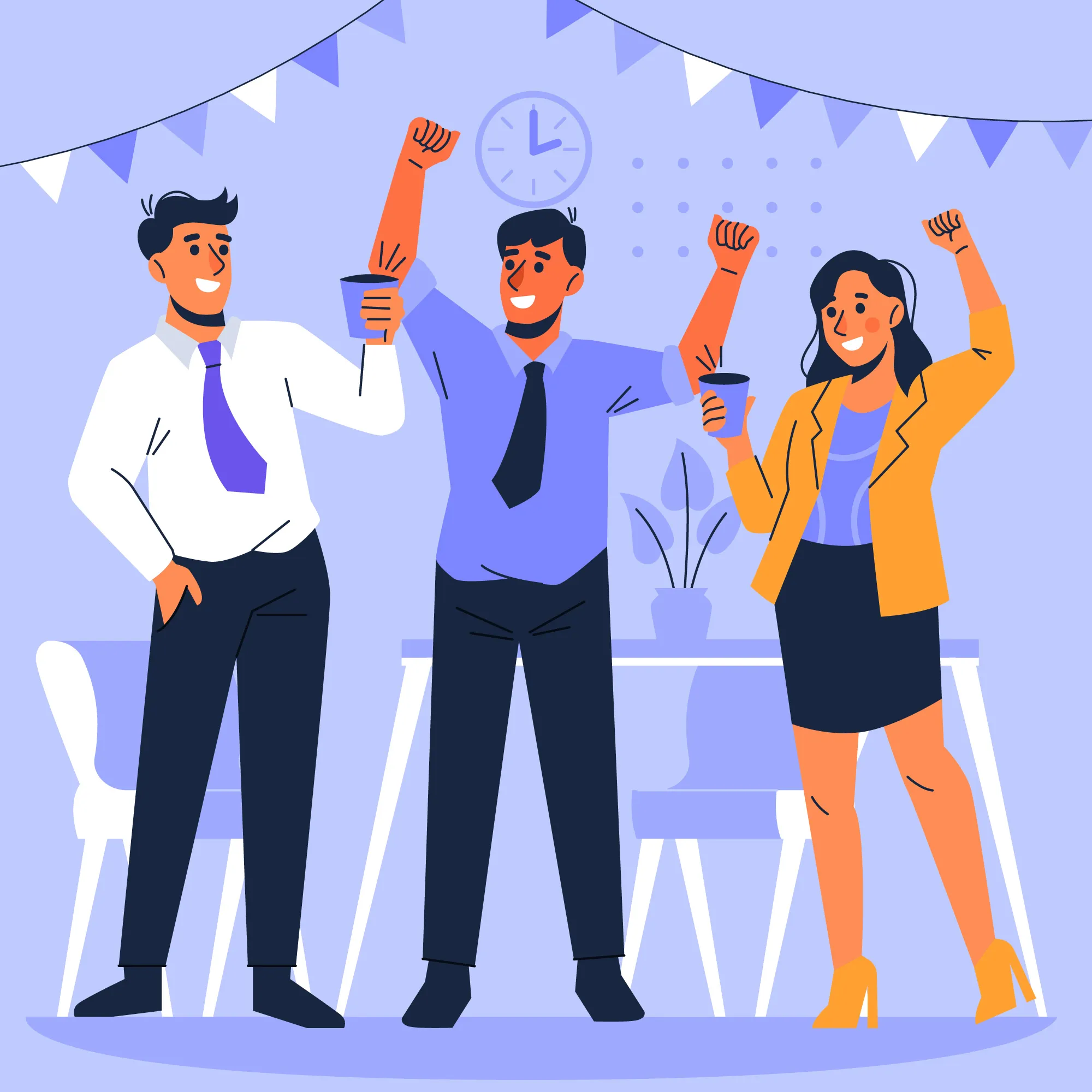 Three colleagues celebrating with drinks and raised fists in an office decorated with triangular bunting.