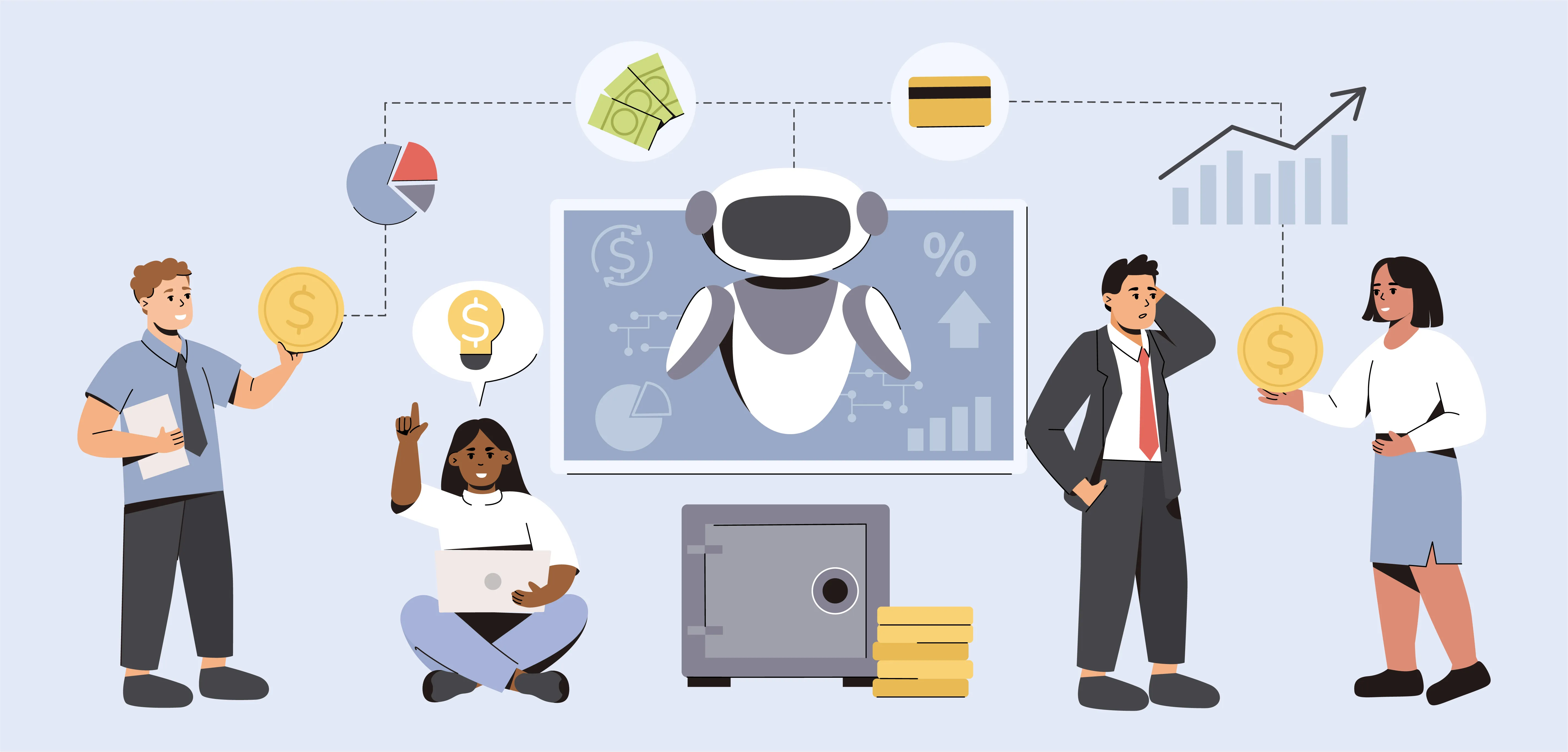 Illustration of three people and a robot on a screen discussing financial concepts with money icons, charts, and a safe.