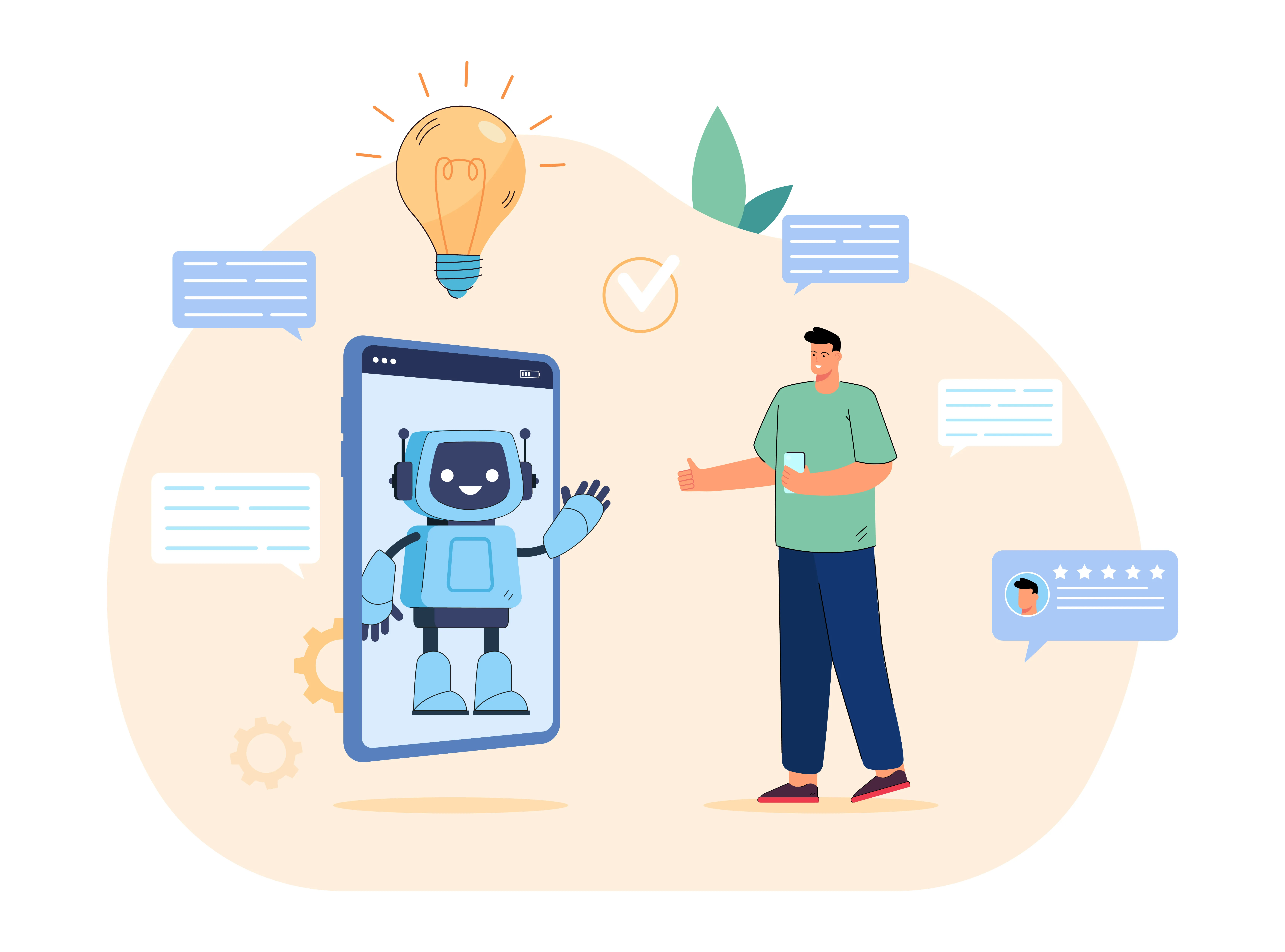 Illustration of a smiling robot waving from a phone screen and a man holding a phone giving a thumbs up, surrounded by chat bubbles and a glowing light bulb symbol.