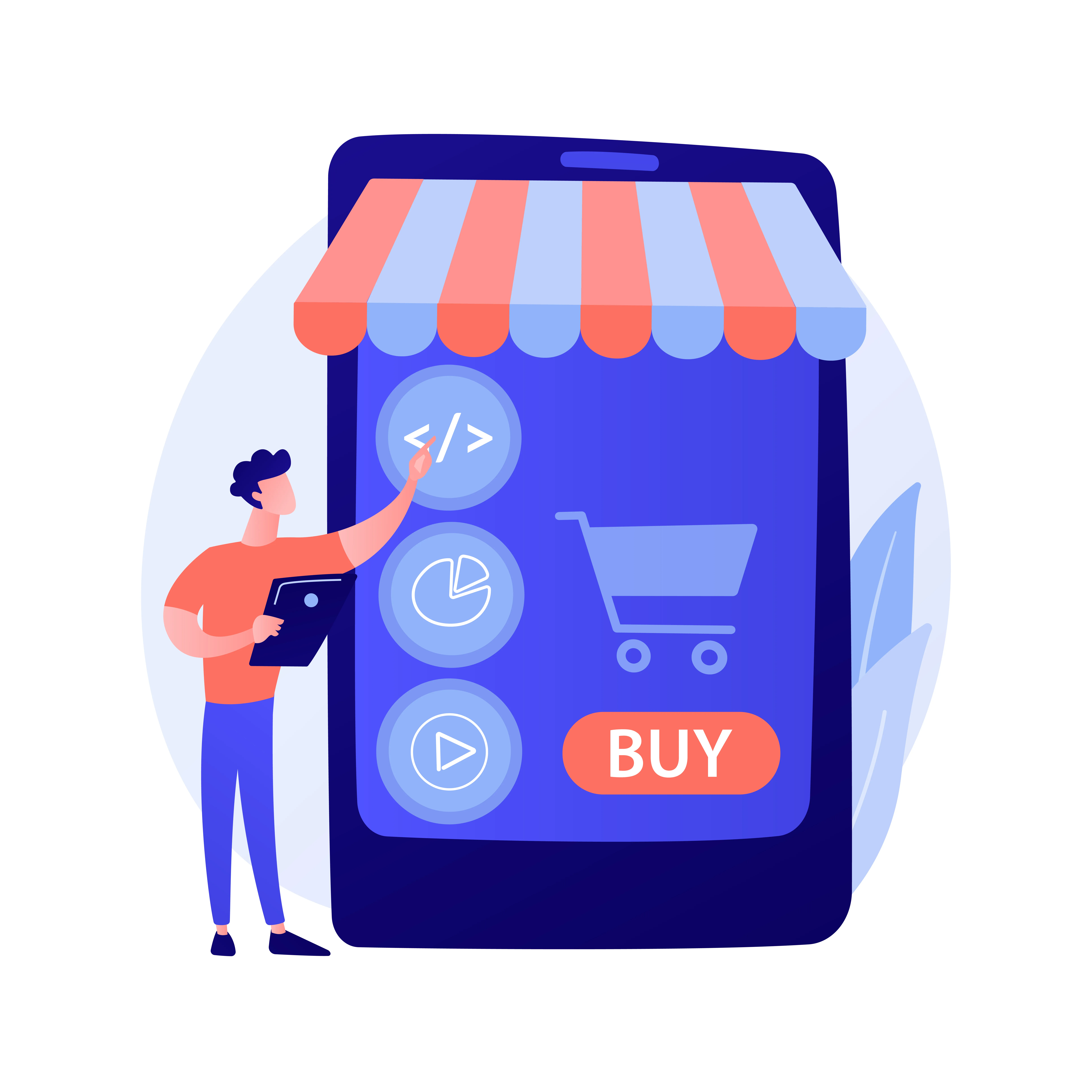 Illustration of a person holding a tablet and interacting with a large digital shopping interface featuring icons and a Buy button.