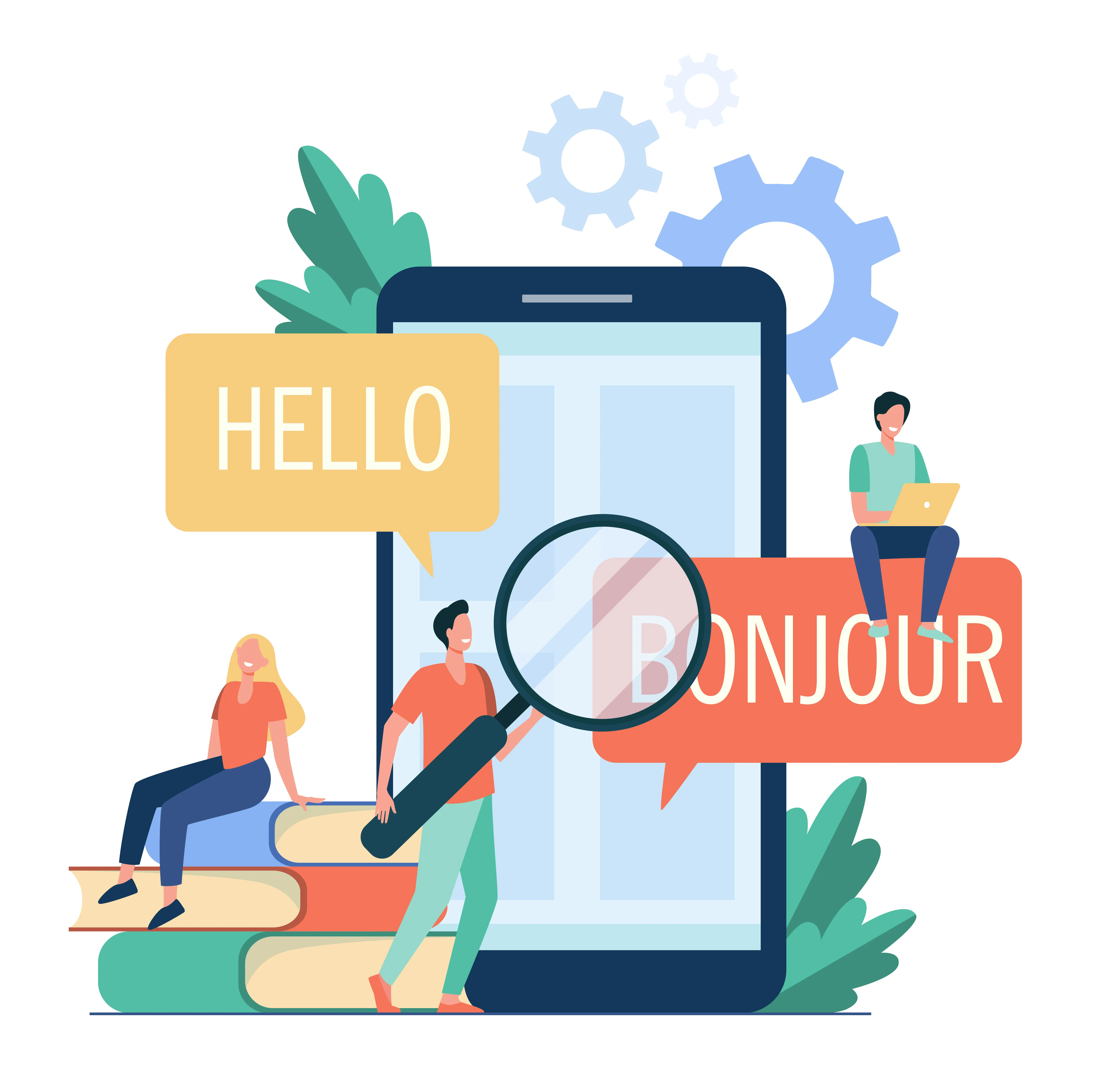 Illustration of three people with speech bubbles saying 'HELLO' and 'BONJOUR' next to a large smartphone and stack of books, symbolizing language learning.