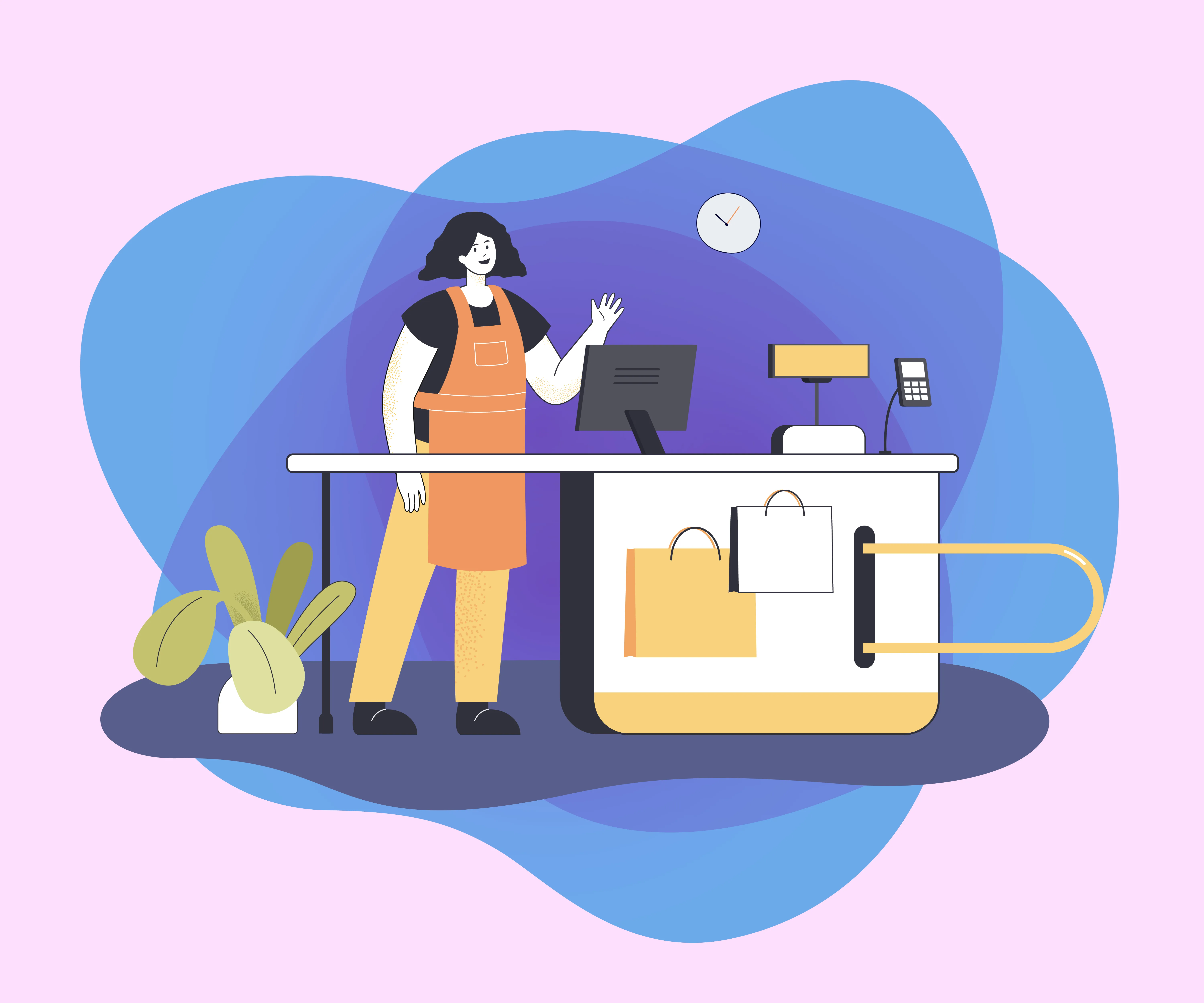 Illustration of a smiling cashier wearing an orange apron waving behind a counter with a cash register, card reader, and shopping bags, next to a potted plant.