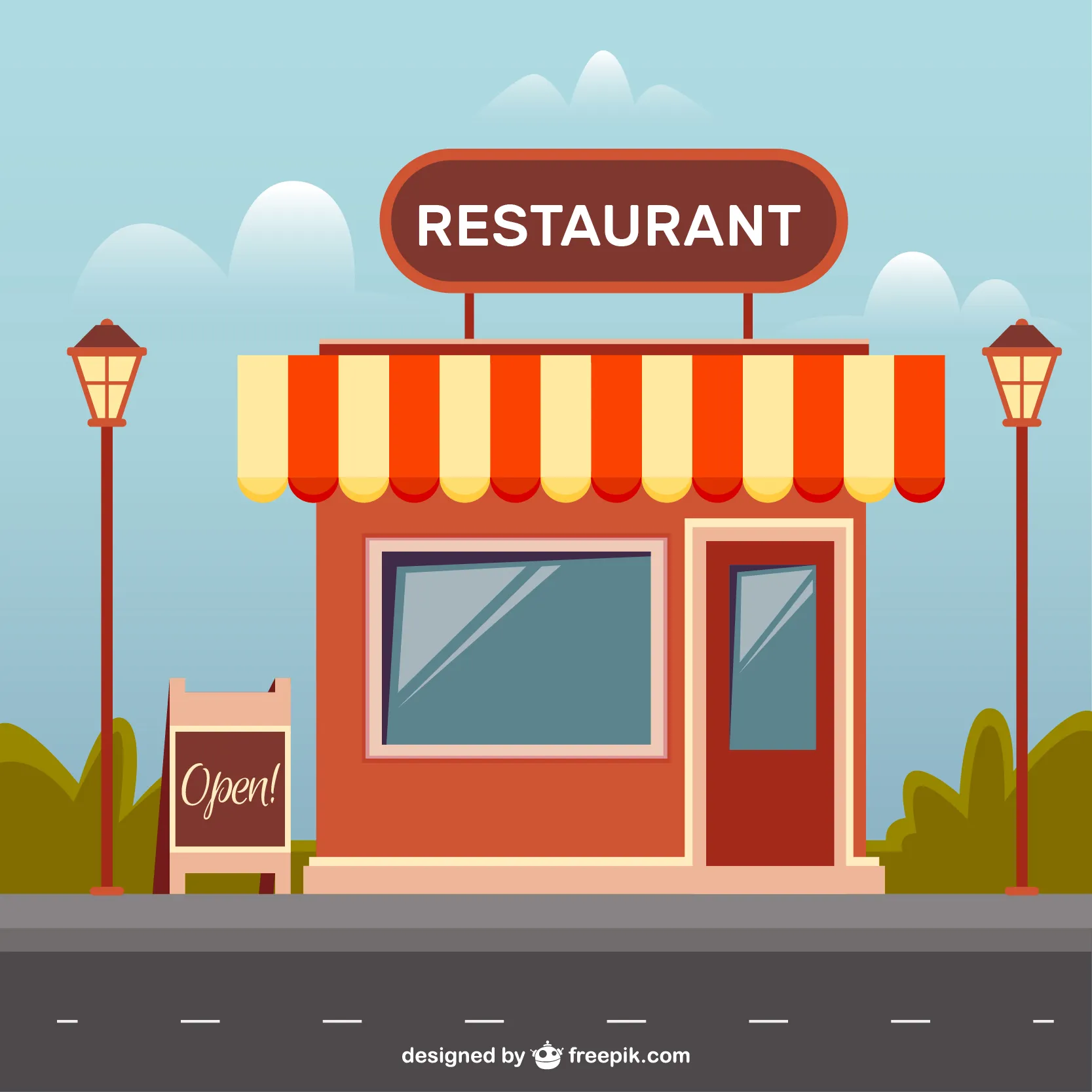 Cartoon of a small restaurant building with striped orange and yellow awning, 'RESTAURANT' sign on top, and an 'Open!' sandwich board outside.