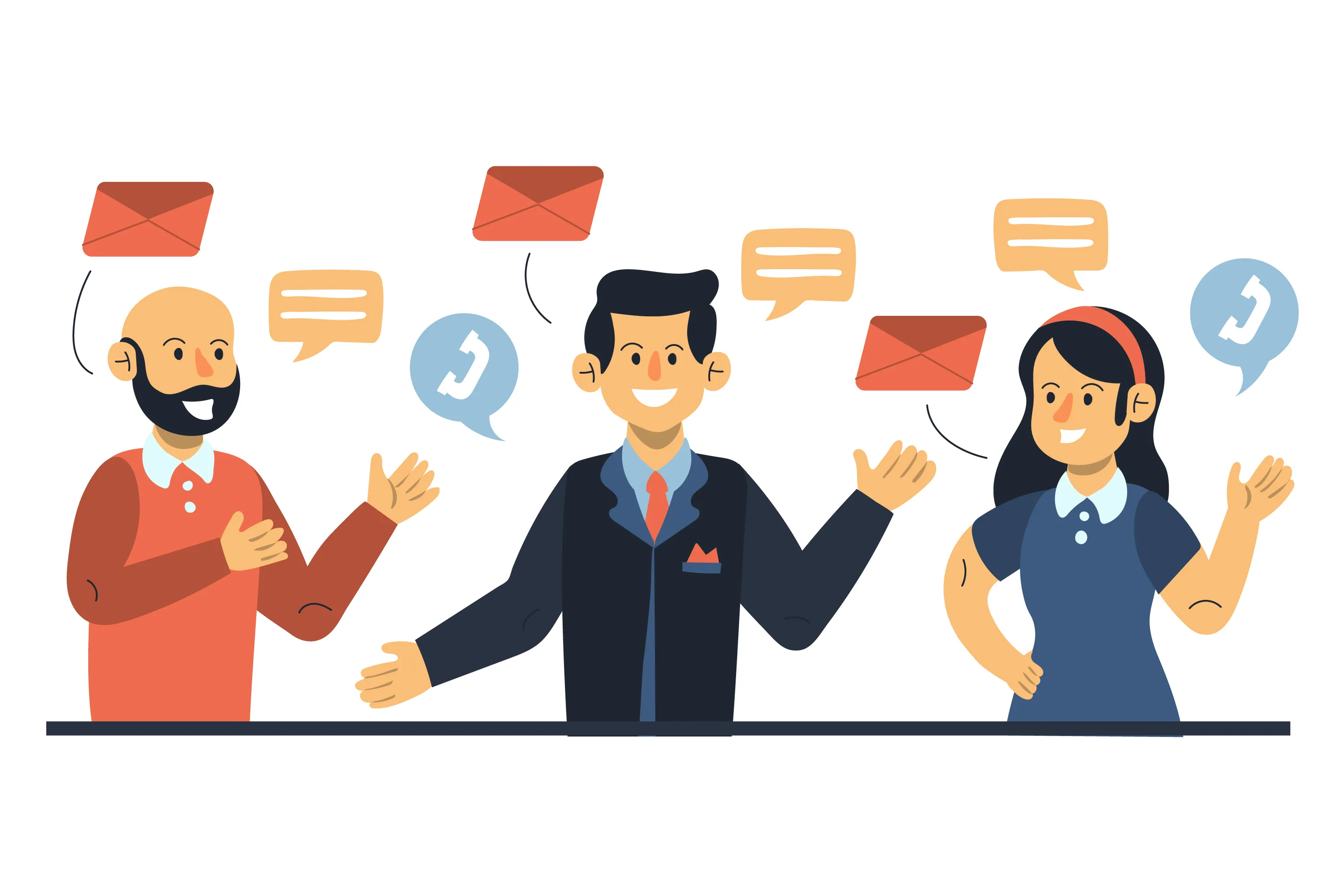 Illustration of three customer service representatives smiling with speech, email, and phone icons above them.