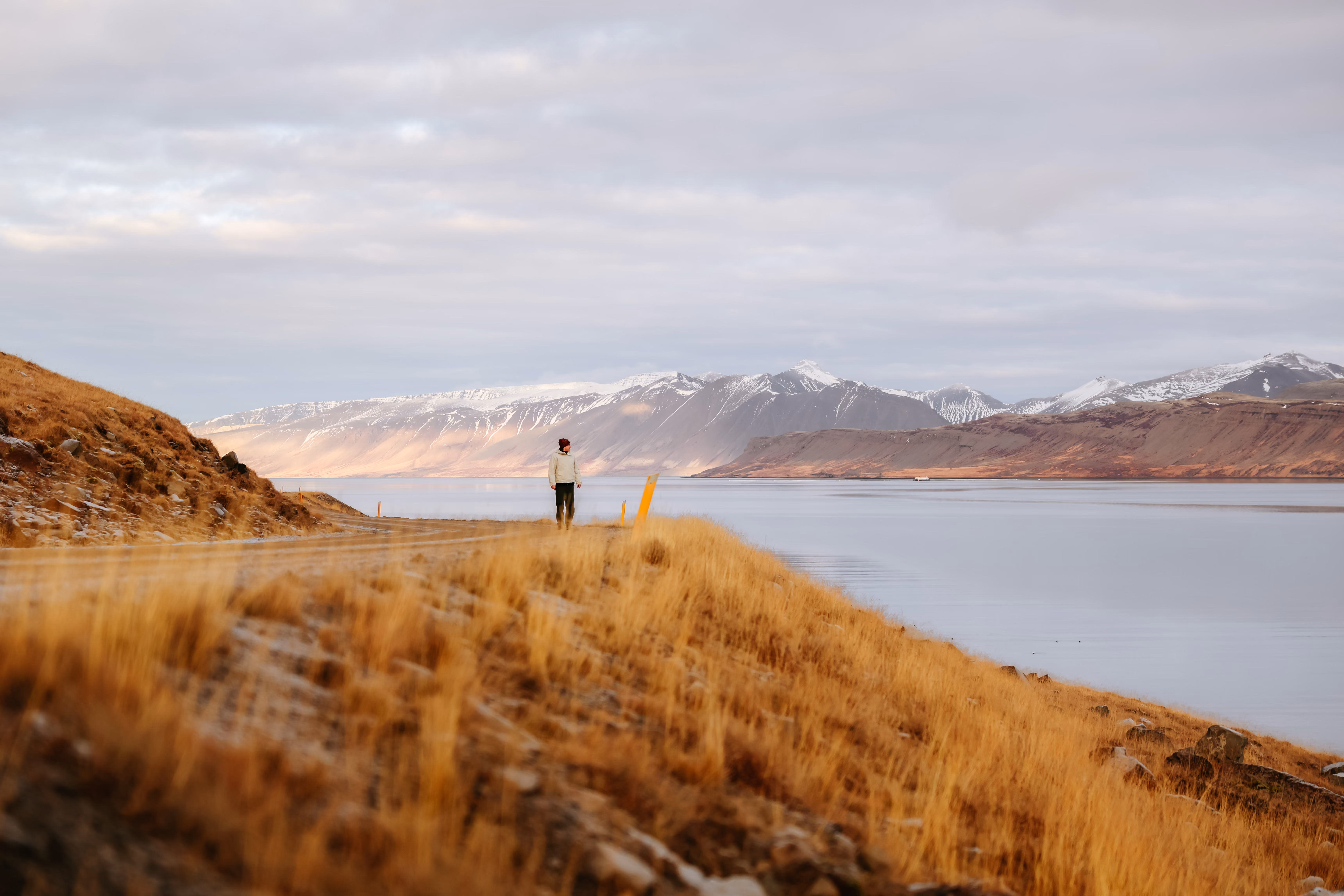 Traveller in golden autumn landscape by a lake in Iceland during shoulder season