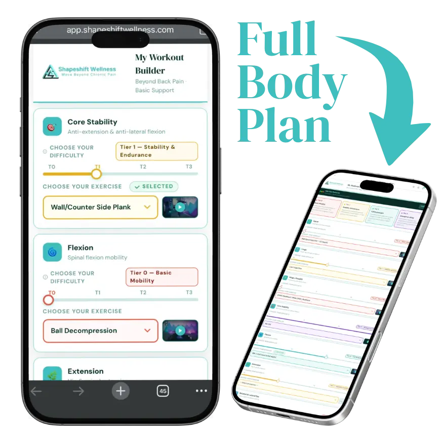 Screenshot of the Do-It-Yourself Workout Builder app showing movement categories and difficulty tiers