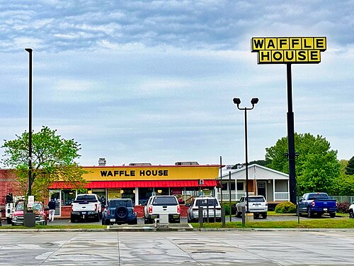 A Waffle House restaurant, representative of the Waffle House location in Springdale, Arkansas