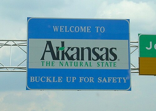 Arkansas state welcome sign, representative of the Welcome to Arkansas Sign near Bella Vista, Arkansas