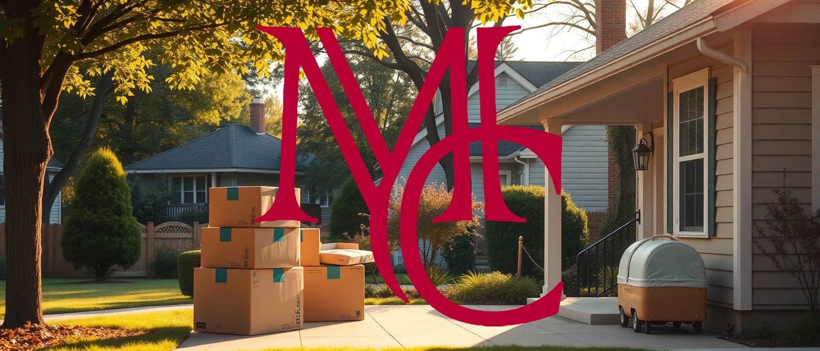 Moving boxes on the porch of a suburban home — MCG