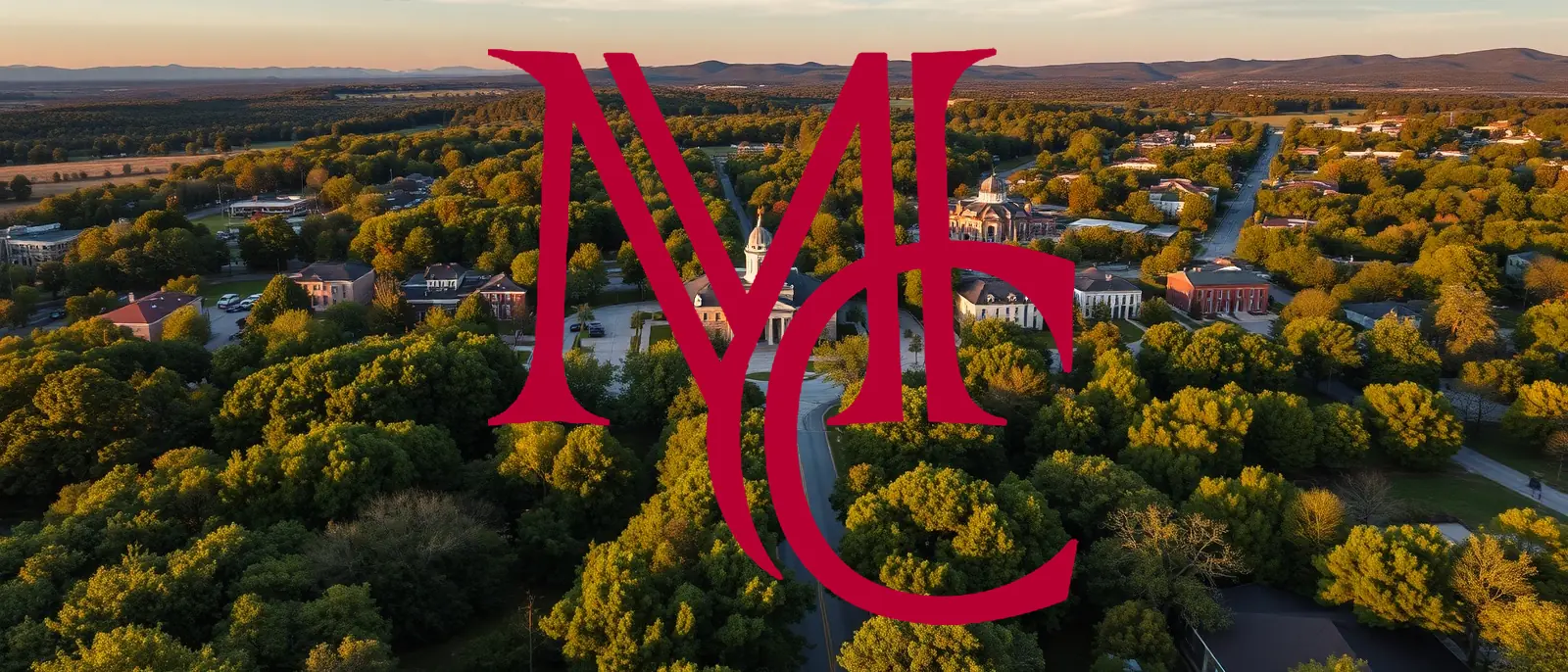 Aerial view of a leafy Northwest Arkansas town square and surrounding streets at golden hour — MCG