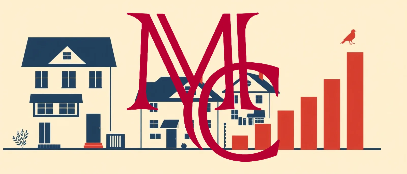 Flat illustration of suburban houses beside a rising bar chart, in navy, cream and crimson — MCG