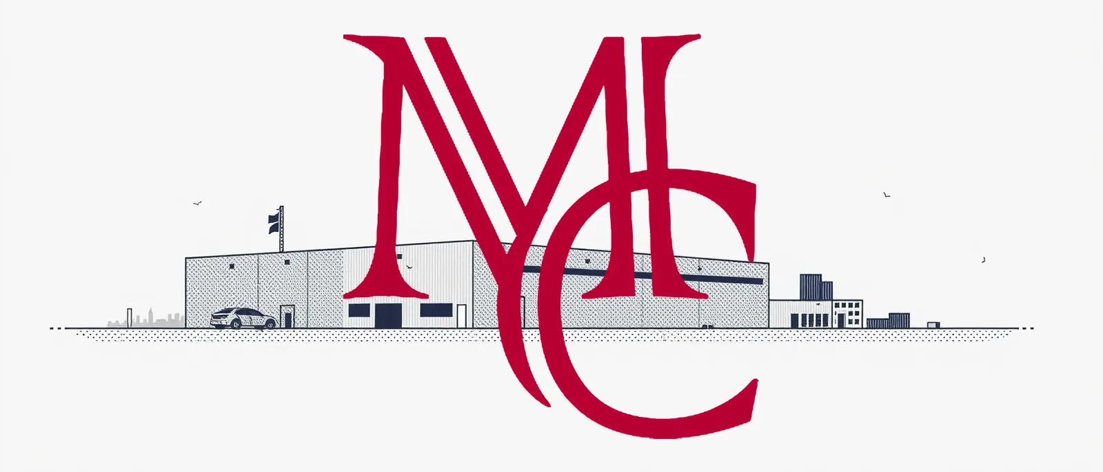 Flat halftone illustration of a warehouse and distribution building with a city skyline behind it — MCG