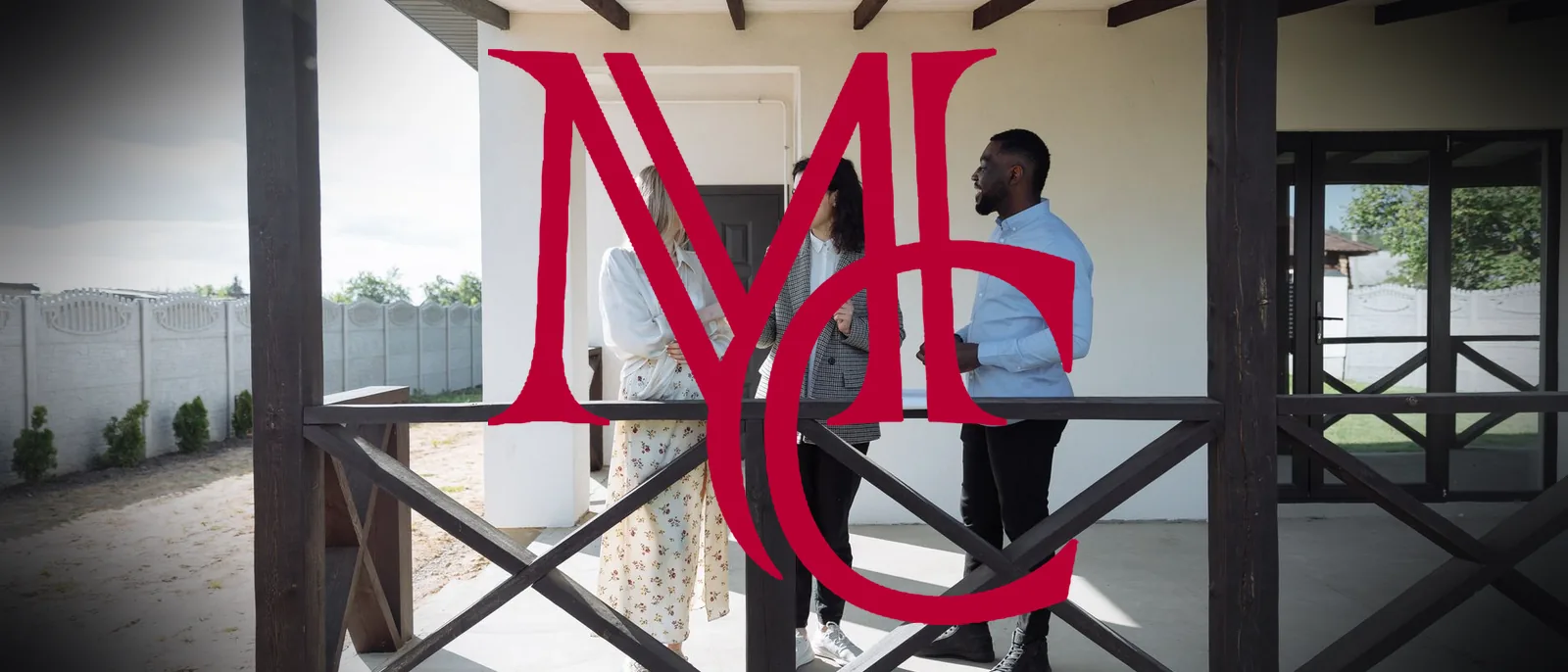 Three people talking on the covered patio of a newly built home — MCG