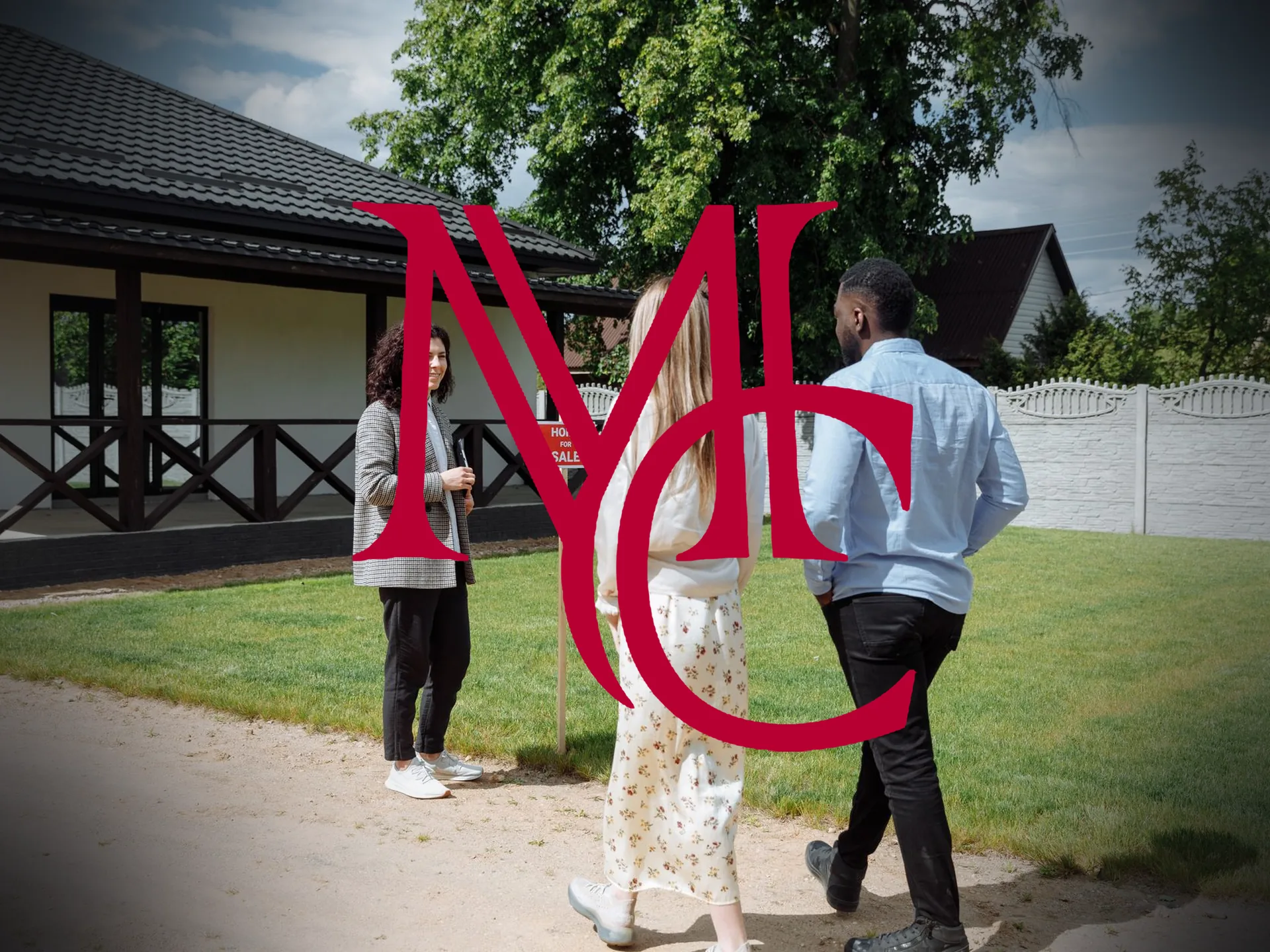 A real estate agent meets a couple outside a single-family home with a for-sale sign in the yard — MCG