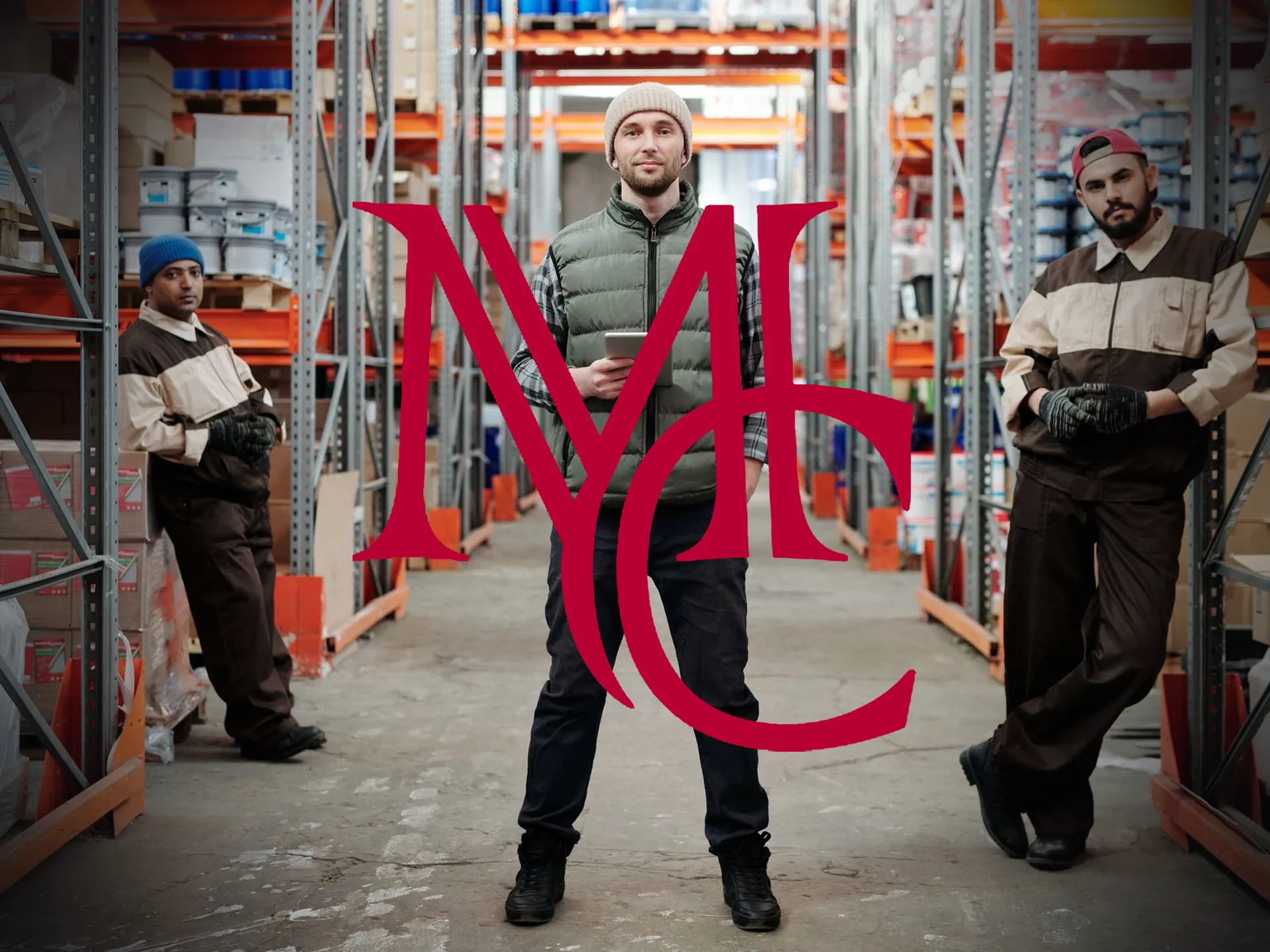 Warehouse workers stand among pallet racking inside an industrial distribution facility — MCG