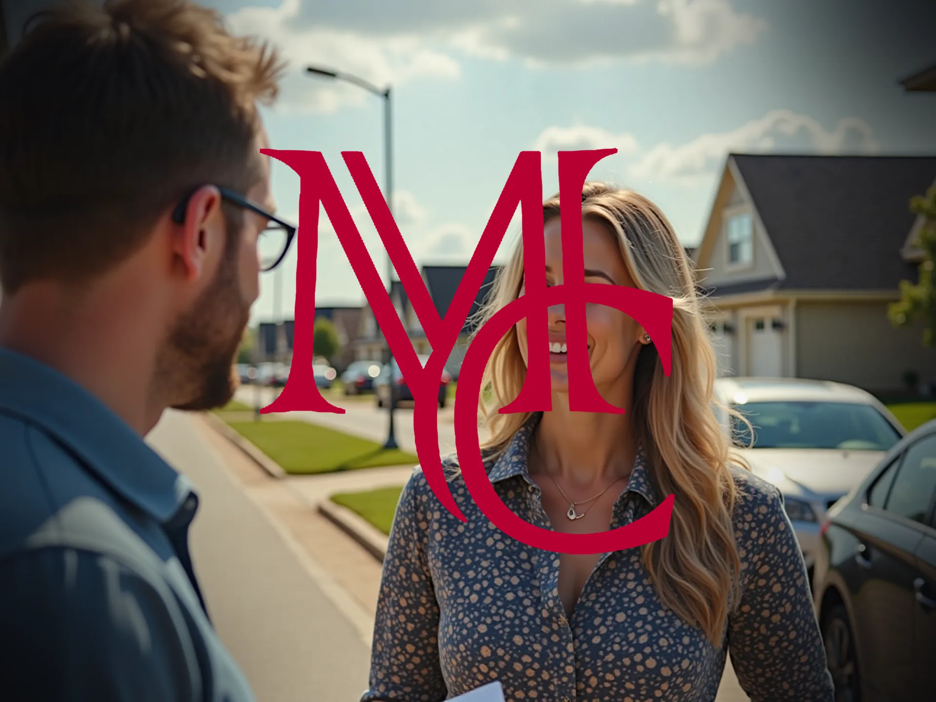 A property manager talks with a homeowner on a suburban street lined with single-family houses and parked cars — MCG