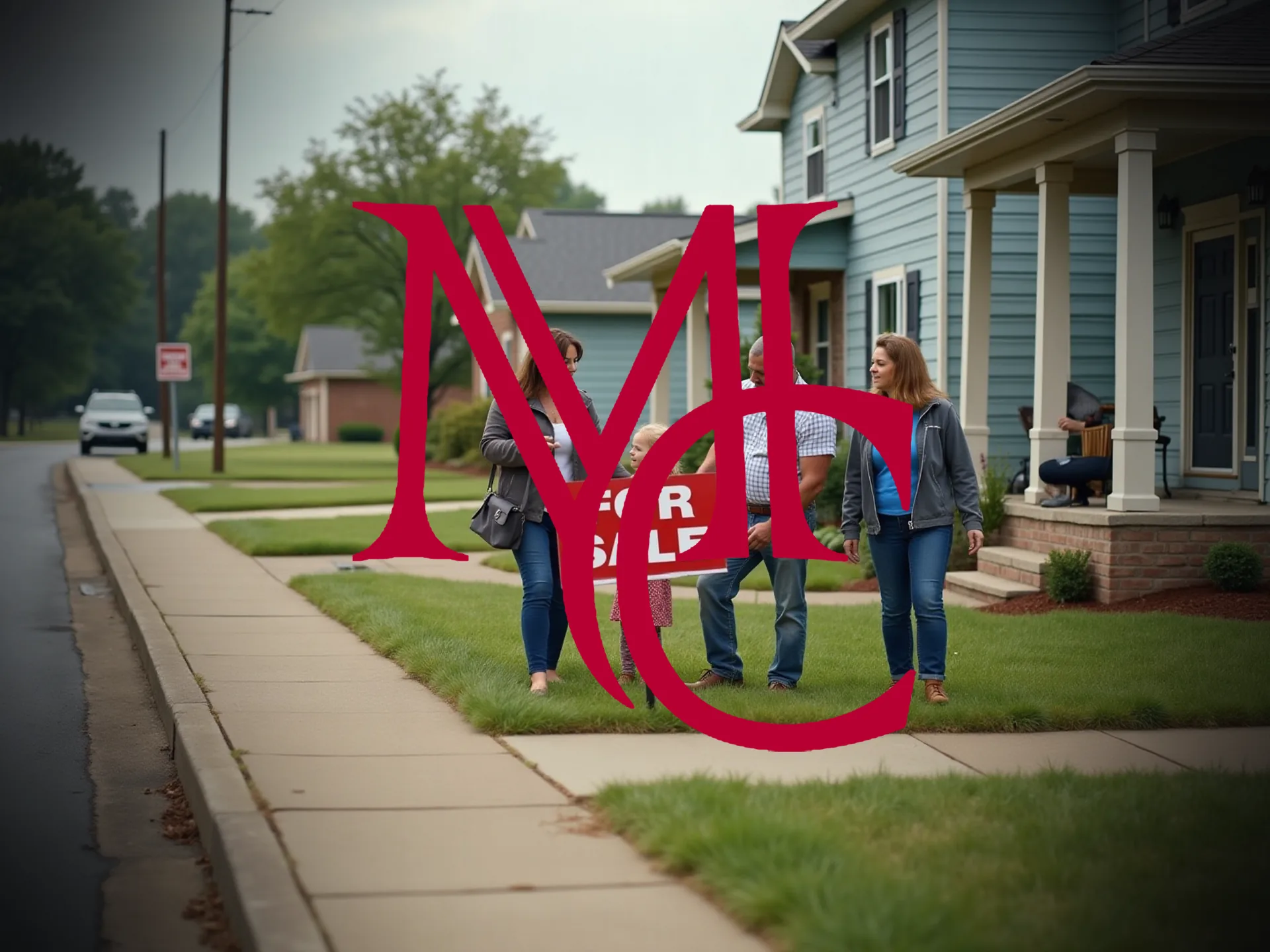 A family walks past a for-sale sign in the front yard of a suburban home — MCG