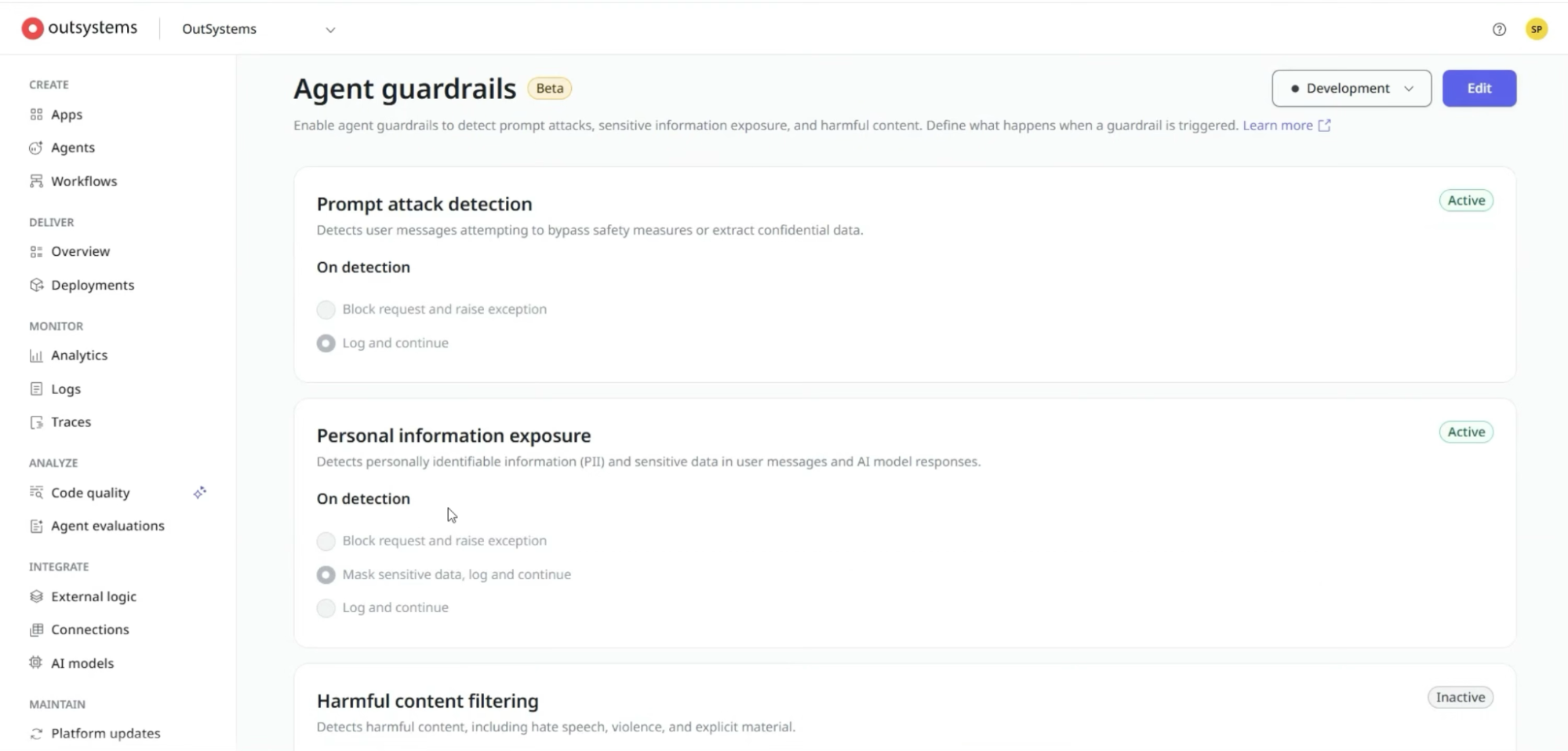Agent Guardrails in the OutSystems development platform