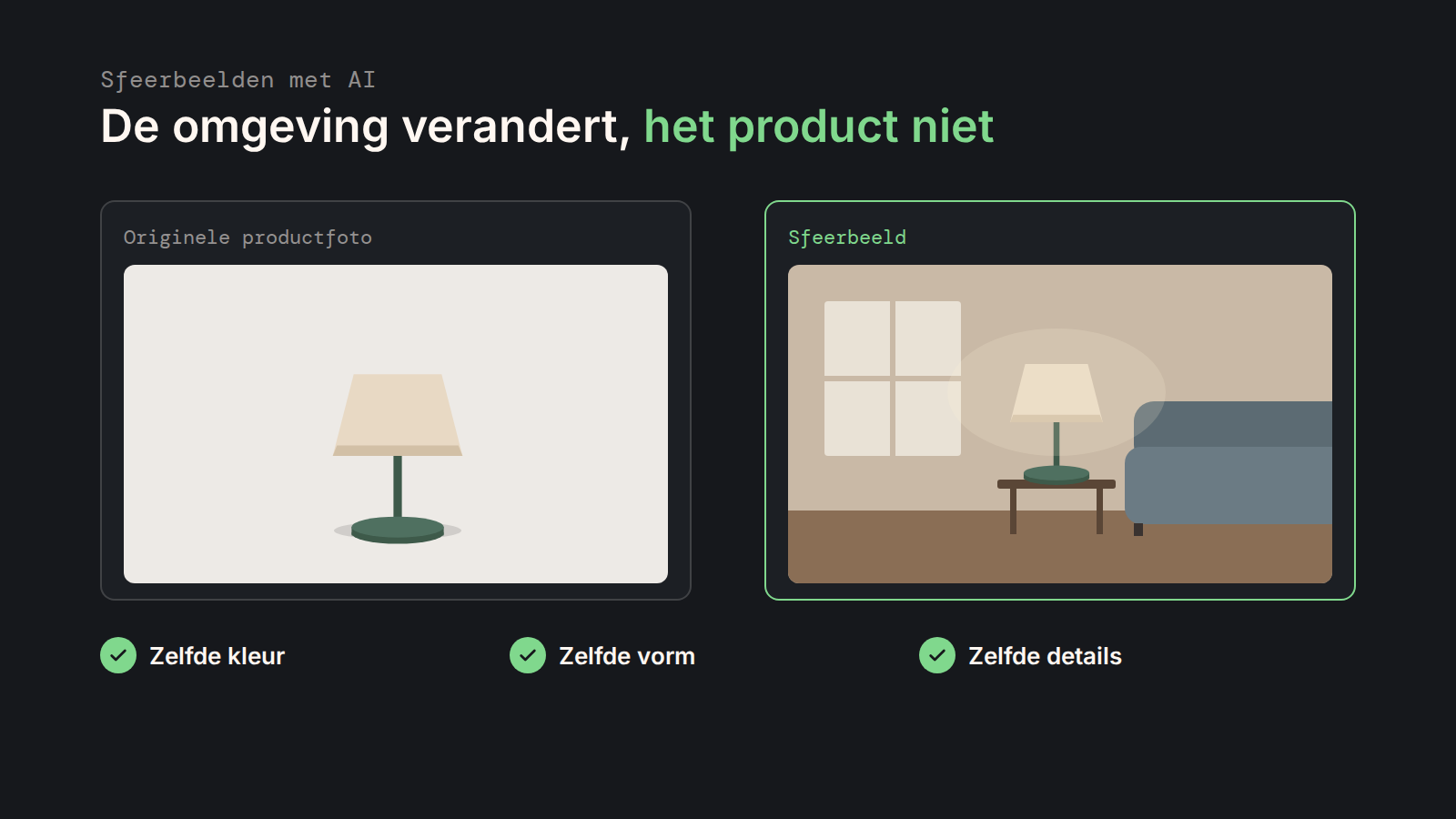 AI voor webshops: productfoto van een tafellamp naast een AI-sfeerbeeld met hetzelfde product
