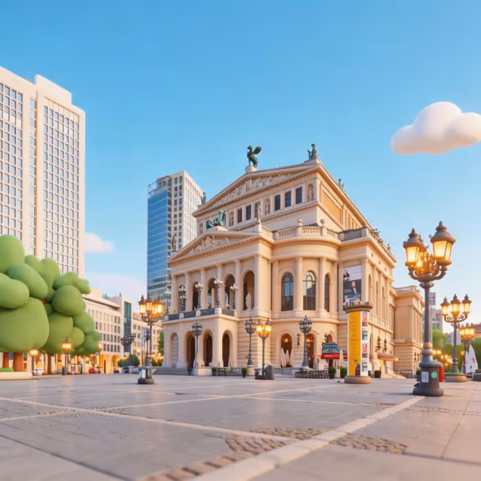 Historisches Theatergebäude mit Säulen, Statuen und warm beleuchteten Straßenlaternen in einem modernen Stadtplatz unter blauem Himmel.