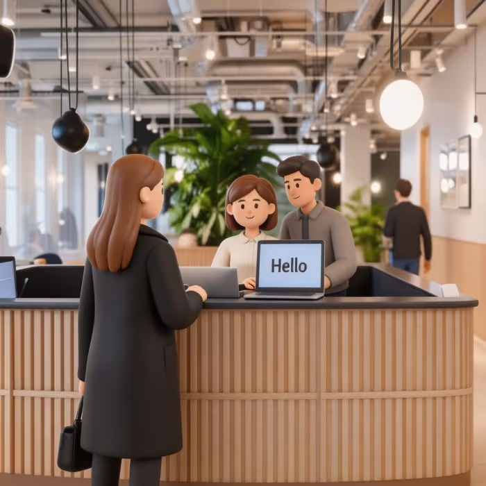 Drei Personen in einem modernen Büroempfang, zwei stehen hinter dem Empfangstresen mit Laptop, auf dem 'Hello' steht, und eine Kunde steht davor.