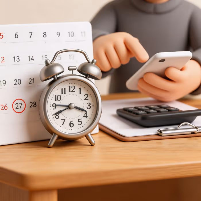 Nahaufnahme eines klassischen Weckers vor einem Kalender mit eingekreistem Datum und einer Person, die ein Smartphone über einem Taschenrechner und einem Klemmbrett benutzt.
