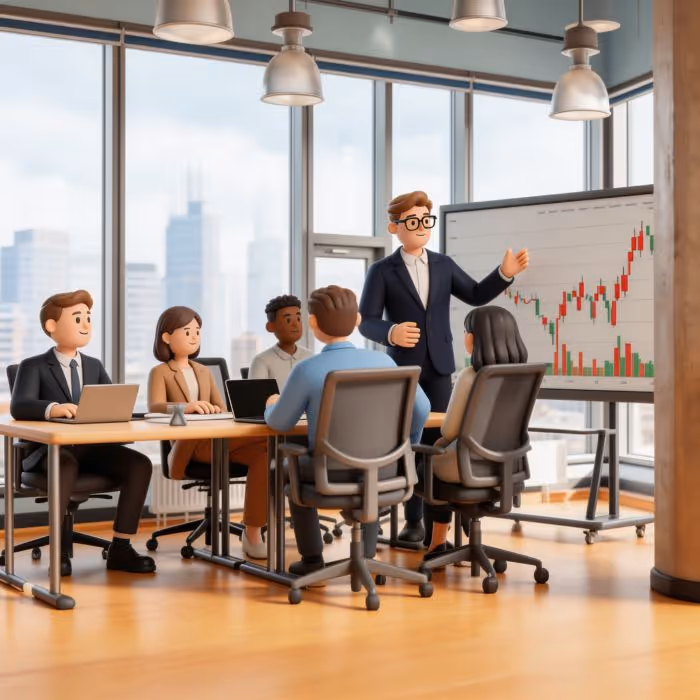 Geschäftsmann präsentiert Börsendiagramm vor einem Team in einem modernen Büro mit großen Fenstern.
