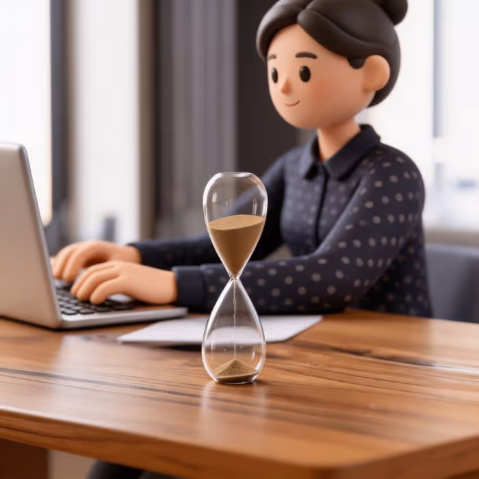 3D-Illustration einer Frau, die an einem Laptop arbeitet, mit einer Sanduhr auf einem Holztisch im Vordergrund.