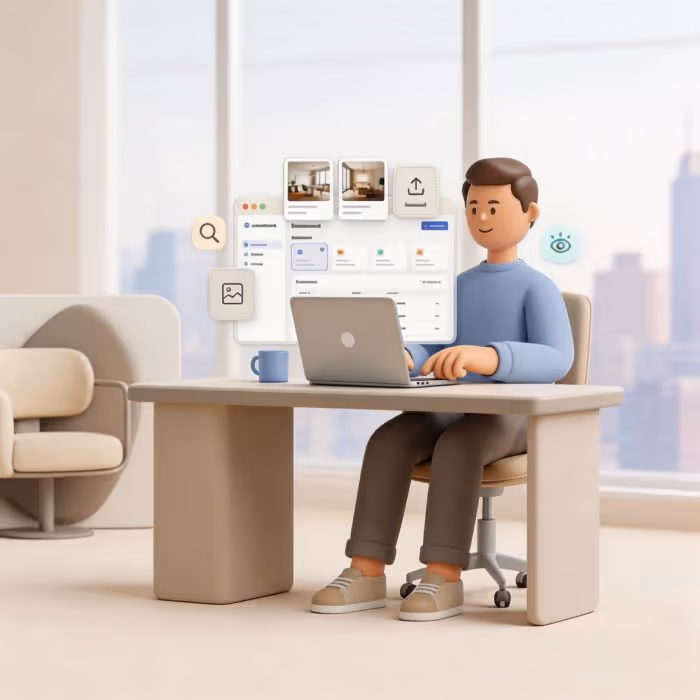 Mann sitzt an einem Schreibtisch und arbeitet an einem Laptop in einem modernen Büro mit virtuellen Symbolen für Suche, Bild und Upload.