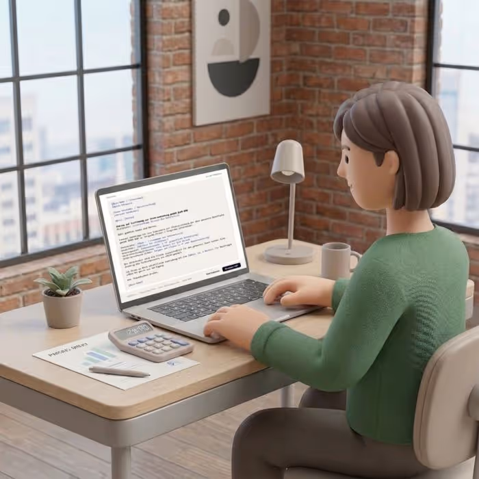 Person sitzt an einem Schreibtisch und arbeitet an einem Laptop in einem modernen Raum mit großen Fenstern und Backsteinwand.