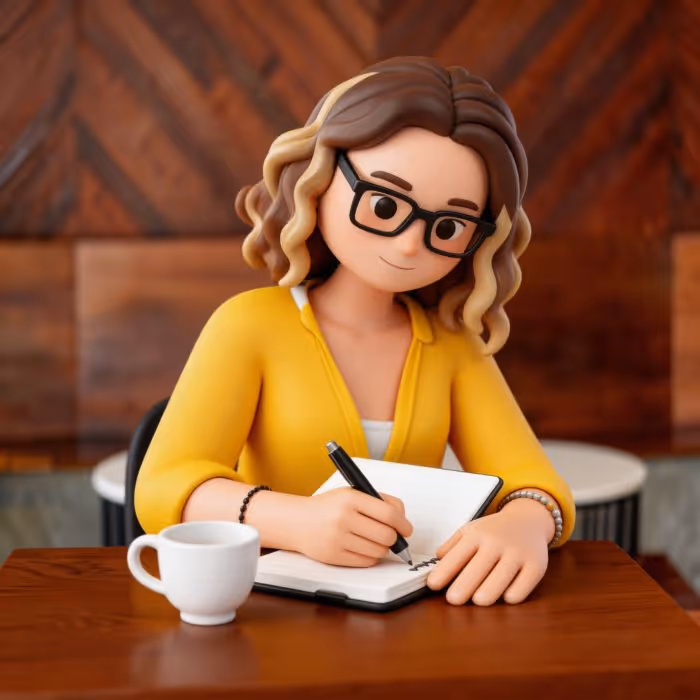 3D-Illustration einer Person mit Brille und gelbem Pullover, die in einem Notizbuch schreibt, mit einer Kaffeetasse auf dem Holztisch.