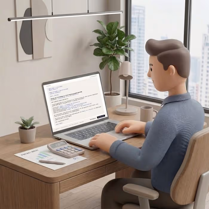 3D-Figur sitzt an einem Schreibtisch mit Laptop, auf dem Finanzdaten angezeigt werden, daneben Taschenrechner, Stift und Dokument, im modernen Büro mit großem Fenster.