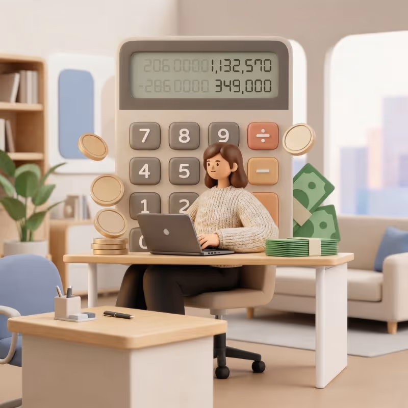 Frau arbeitet am Laptop am Schreibtisch, mit großer Taschenrechner, Münzen und Geldscheinen im Hintergrund zur Illustration von Finanzen.