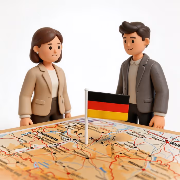 Zwei stilisierte Figuren stehen vor einer Deutschlandkarte mit einer kleinen Deutschlandflagge in der Mitte.
