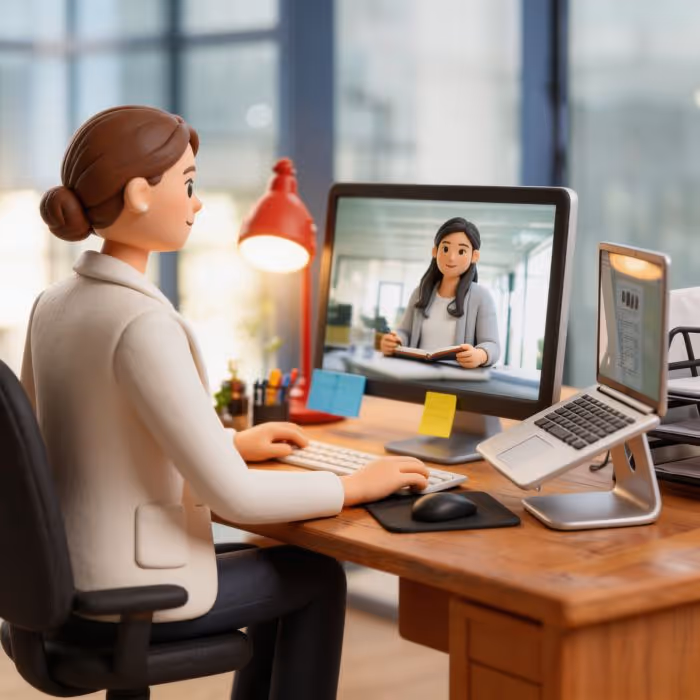 Frau bei einem Videogespräch am Schreibtisch mit einem zweiten Teilnehmer auf dem Bildschirm in einem modernen Büro.