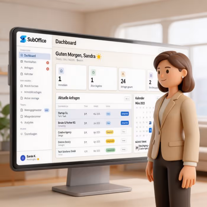 3D-Illustration einer Frau neben einem Computerbildschirm, der ein Dashboard der SubOffice-Software mit Anfragen, Kalender und Statistiken anzeigt.
