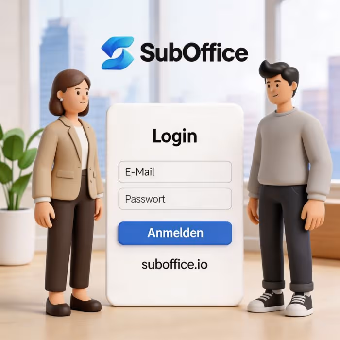 Anmeldeseite von SubOffice mit Feldern für E-Mail und Passwort, daneben stehen animierte Figuren eines Mannes und einer Frau.