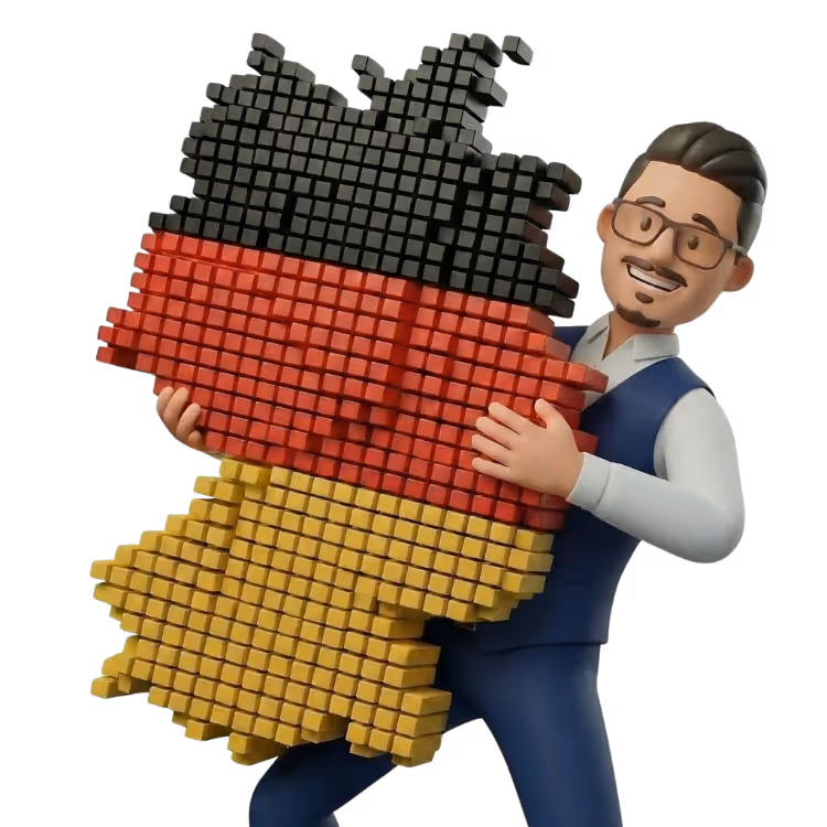 3D-Charakter mit Brille und Weste hält eine Deutschlandkarte aus schwarzen, roten und gelben Würfeln.