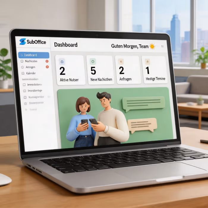 SubOffice-Hub Dashboard mit Nachrichten und Anfragen im Chat